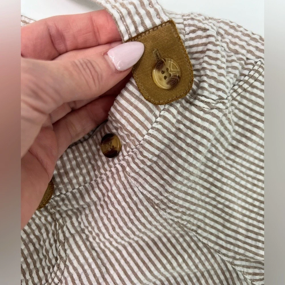 Mud Pie Tan White Striped Seersucker Suspender Shorts Size 12-18 Months